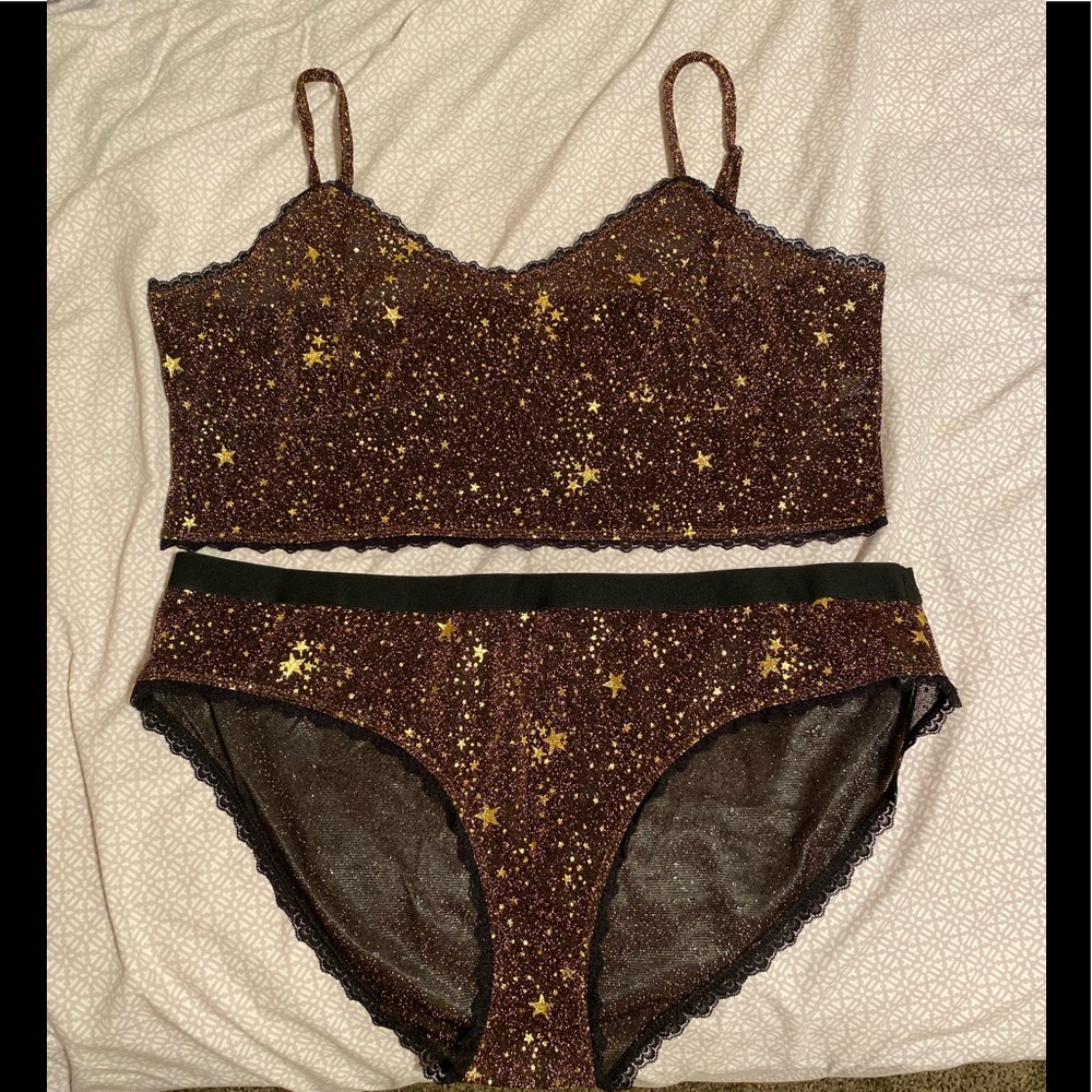 Gold & Black Stars Glitter Lace Lingerie Set 4x